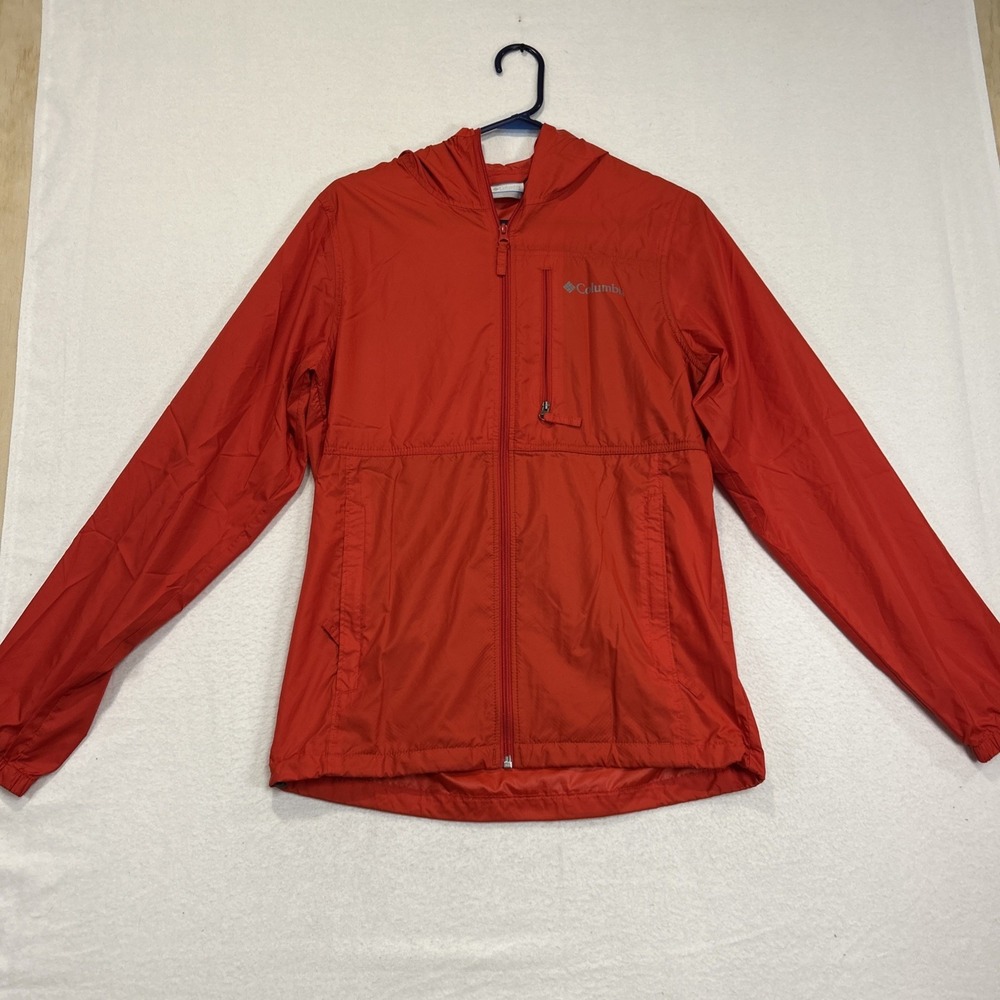 Columbia Jacket Mens Small Red Morning View Windbreaker Packable Hooded Full Zip